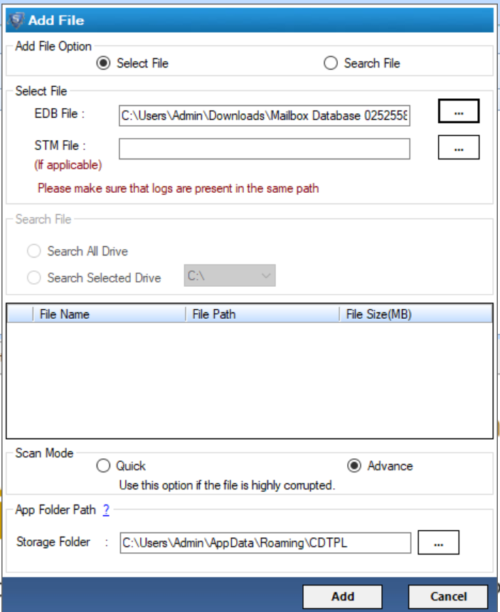 Add Exchange Database file