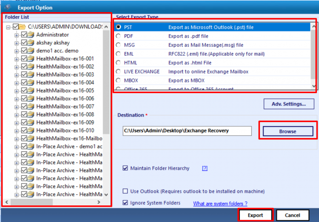 Export the Exchange Mailbox