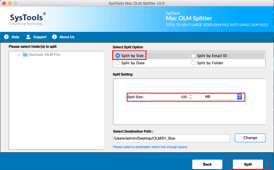 select option to split olm file